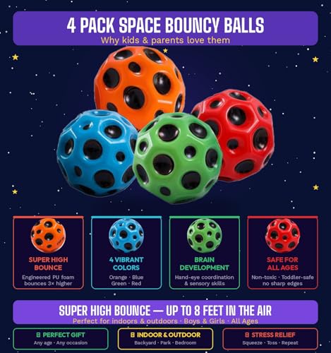 Kids Bouncy Space Balls Pack of 4 - High Bounce Indoor & Outdoor Toys