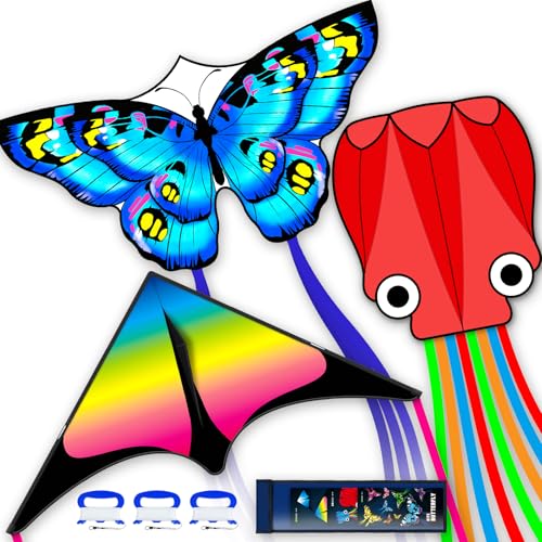 Doinfly 3-Piece Butterfly & Octopus Delta Kites for Kids & Adults, Easy Fly Blue Butterfly Red Octopus Variation