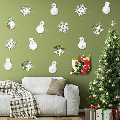 24pcs Christmas Mirror Wall Decals, Silver Christmas Snowman Acrylic Mirror Wall Sticker Snowflake Decorative Window Cling Holiday Party 3D Wall Decal for DIY Home Wall Bedroom Living Room Decoration