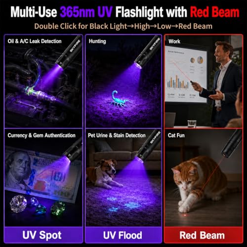 SKYFIRE SF2198-ZGD-Set Rechargeable Tactical Flashlight with UV Blacklight & Red Beam, 13 Modes, 2000 Lumens, Waterproof, Pocket Size