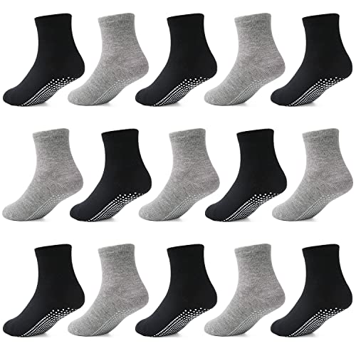 Toddler Socks with Grippers for Boys Girls 15 Pairs - Black/Grey, 5-7 Years