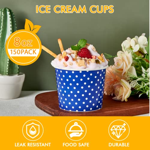 150 Pack 8oz Ice Cream Cups - Disposable Paper Cups Pink Blue Orange 8oz