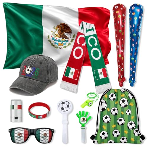 2026 World Cup Fan Set - 12 Pcs Mexico Kit with Flag, Scarf, Whistle & More