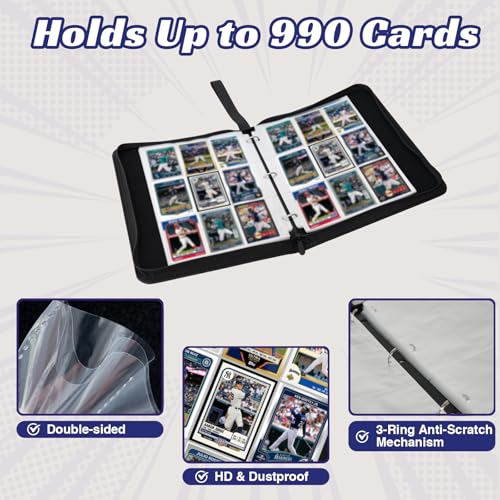 Baseball Card Binder 9-Pocket, Holds Up to 990 Cards with Removable Sleeves