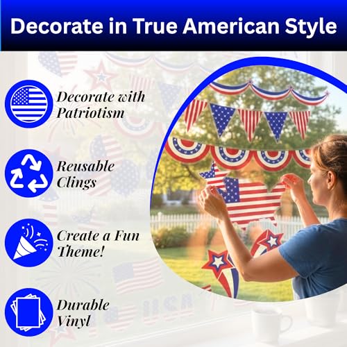 200-Piece Patriotic Static Cling Window Decorations - 4th of July Decor