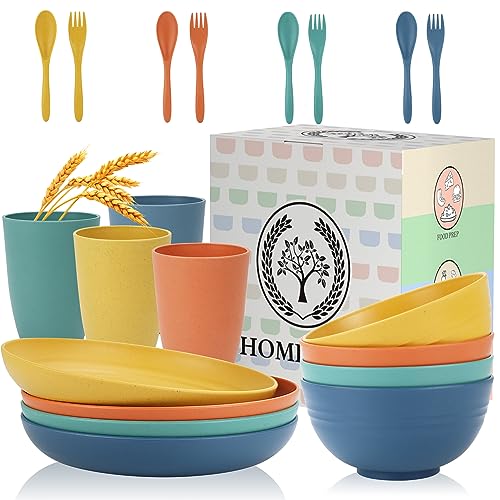 Homienly 20-Piece Wheat Straw Dinnerware Set Multicolor - Unbreakable Plates, Bowls, Cups & Utensils for Camping, Microwave & Dishwasher Safe