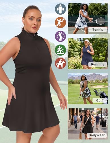 LEYSHE Women's Plus Size Sleeveless Tennis Dress 1/4 Zip UPF 50+ Summer Floral Black 3X-Large