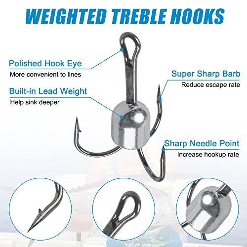 SILANON 6/0-1.25oz Weighted Treble Hooks 5pcs for Baitfish, Trout & Salmon Fishing