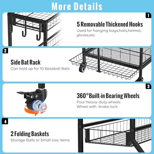 Heavy Duty Sports Equipment Organizer with Rolling Cart & Baskets