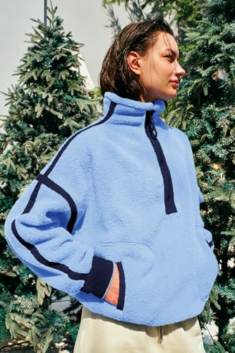 Panadila Women's Half Zip Sherpa Fleece Pullover Jacket - Peri Blue, Medium