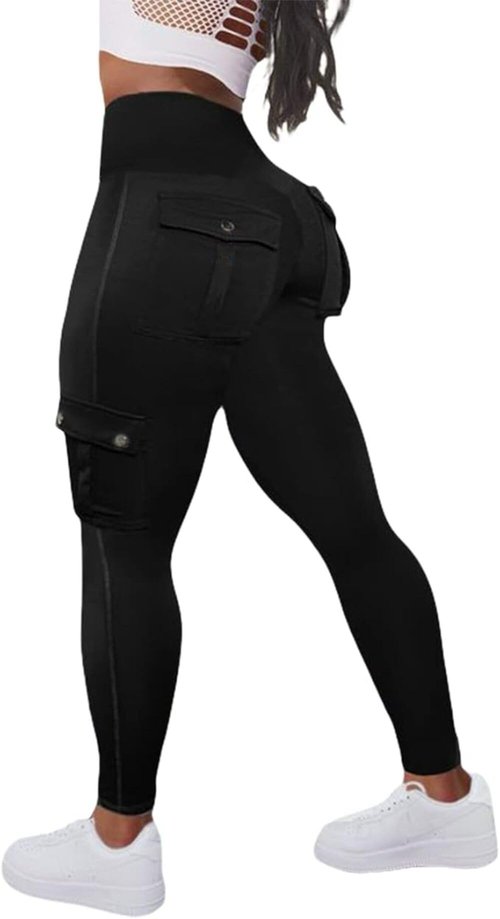 Madrirdma Cargo Leggings with Pockets for Women High Waist Butt Lifting Leggings Tummy Control Yoga Pants Black L