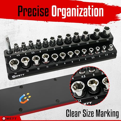 WETT Magnetic Socket Organizer Set, 6-Piece Socket Holder Set, 1/4", 3/8", 1/2" Drive Magnetic Sockets Trays, Holds 143pcs SAE & Metric, Standard Shallow and Deep Size Sockets (Socket not Included)