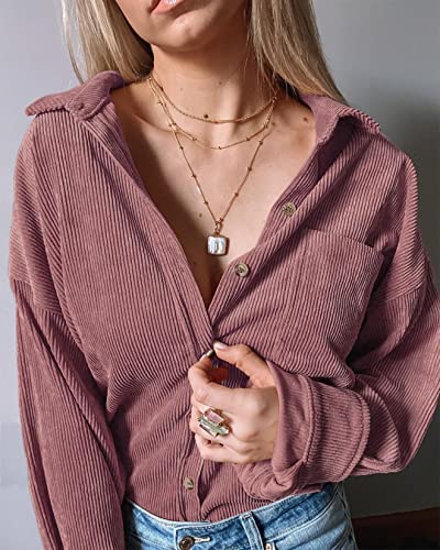 Saslax Women's Oversized Lightweight Corduroy Shacket Jacket - Medium Mauve