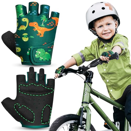Kids Fingerless Bike Gloves - Protective Padded Cycling Gloves - Green, Large