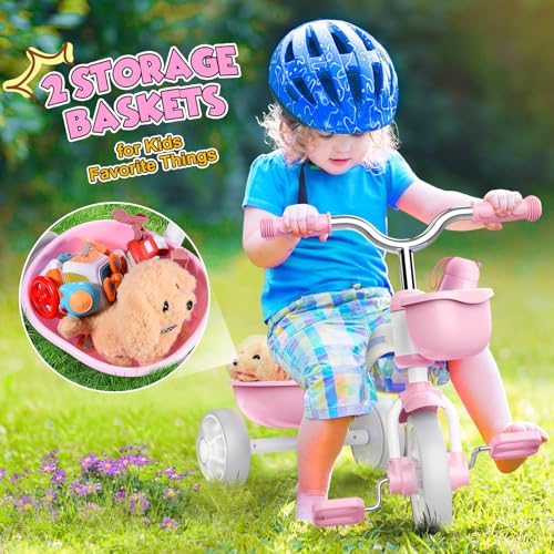 Pink Toddler Tricycle with Adjustable Seat & Light-Up Wheels