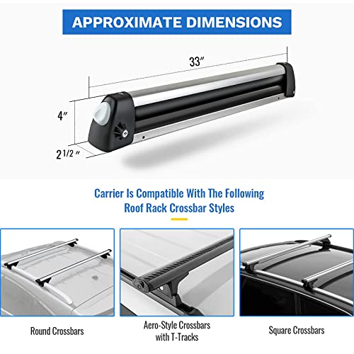Aluminum Ski Roof Rack - Holds 6 Pairs Skis or 4 Snowboards - Large