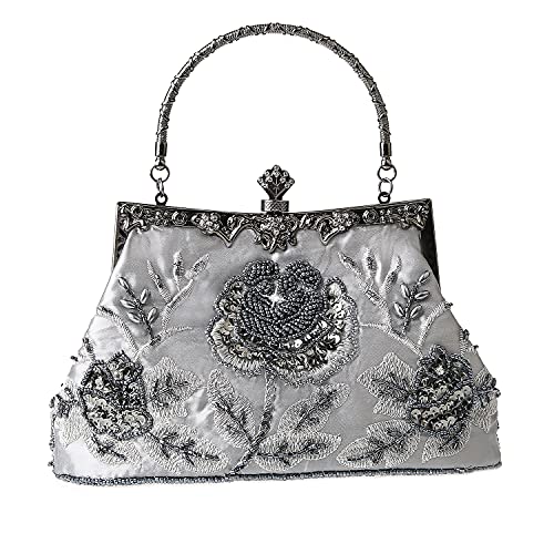 DA BODAN Grey Vintage Floral Beaded Rhinestone Clutch Bag for Bridal & Evening