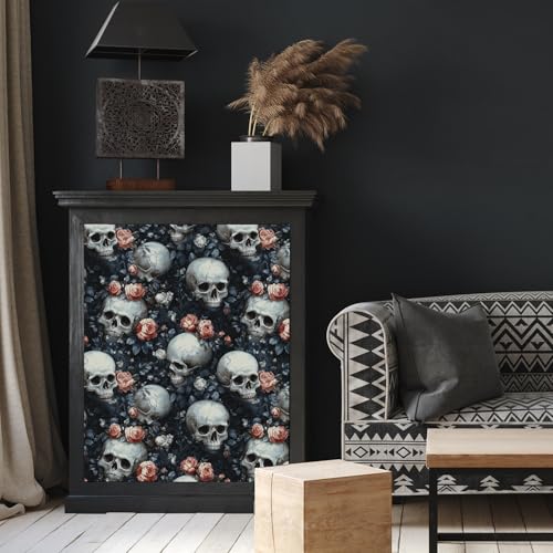 17.7"x118.1" Gothic Peel and Stick Floral Skull Wallpaper Sugar Skull Floral Vinyl Wallpaper for Bedroom Grey Black Pink Removable Accent Wall Decorations