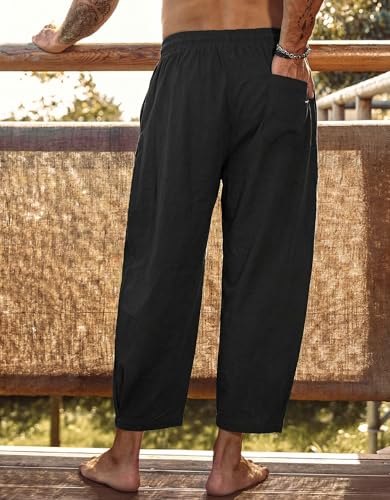 COOFANDY Medium Black Cotton Linen Harem Pants with Pockets - Casual Cropped Trousers for Men