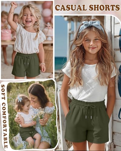 Girls' Drawstring Shorts with Pockets - Army Green, 9-10 Years