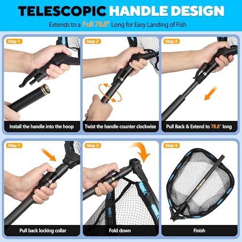 PLUSINNO 6.56 Ft Telescoping Carbon Fiber Fishing Net with Handle - Lightweight & Rust-Resistant