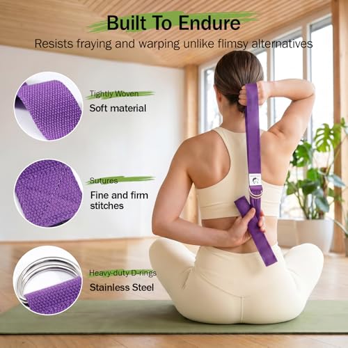 Yoga Strap for Stretching - 8 Feet Cotton with Adjustable D-Ring Buckle - Purple