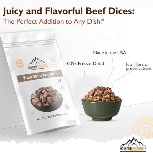 Mountain Essentials Freeze Dried Diced Beef - Fully Cooked, High Protein, 240g, Ready-to-Eat Meal Prep