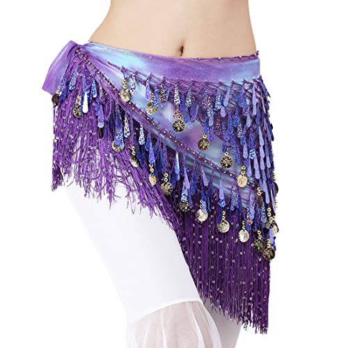 Purple Belly Dance Hip Scarf with Tassels Sequins & Coins - One Size Lauthen.S