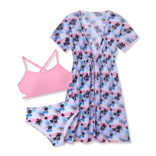 Girls 3-Piece Striped Multicolored Bikini Set with Cover Up - Pink/Blue, Ages 7-8
