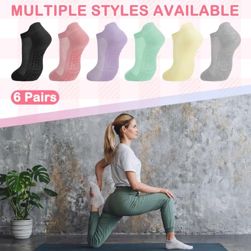 Grippy Non-Slip Pilates Socks - 6 Pairs for Women, Solid Color