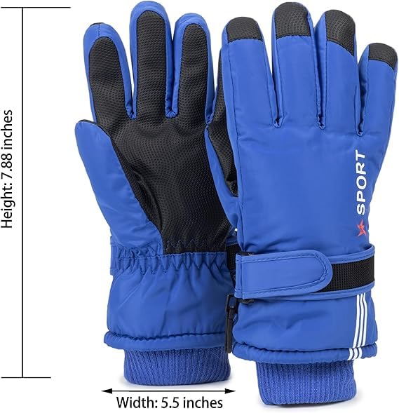 Kids Winter Ski Gloves - Windproof Warm Blue Gloves (5-10 Years)