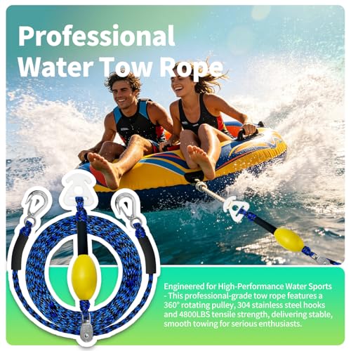 Self Centering Boat Tow Harness with 3 Foam Floats - 16 FT, Blue & Black
