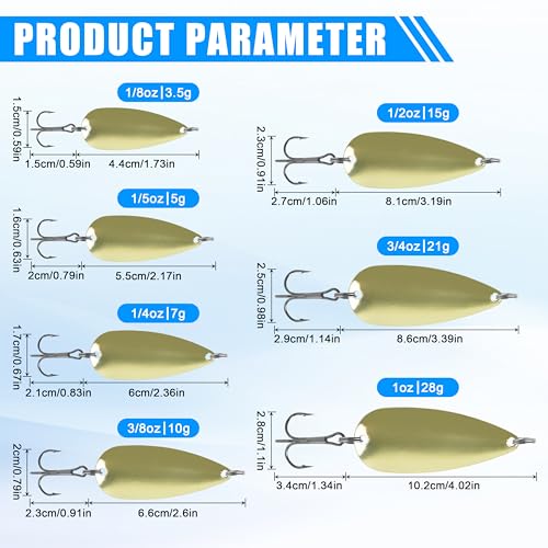 Gold Metal Fishing Spoons Lures Kit - 5pcs, 1/8oz for Trout, Bass & Pike