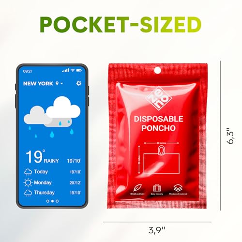 Disposable Rain Poncho for Adults with Hood - Compact Emergency Gear - Red