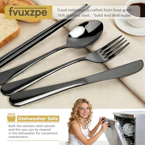 5-Piece Matte Black Stainless Steel Travel Utensil Set with Waterproof Case