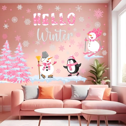 Kreatwow 2Pcs Pink Winter Wall Stickers Hello Winter Wall Decorations Pink Snowflake Snowman Themed Walls Clings Let It Snow Party Decor Snowflake Penguin Party Decal for Xmas Christmas Home Decor