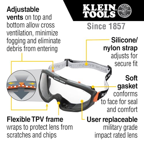 Klein Tools 60479 Safety Goggles, Clear Lens PPE Eye Protection, Anti-Fog, Scratch-Resistant, UV Protection, Adjustable Vents