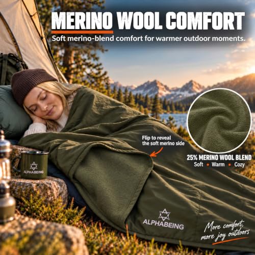 AlphaBeing Olive Waterproof Merino Wool Outdoor Blanket, 79 x 59 in, Extra Thick & Windproof