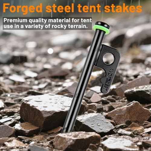 Heavy Duty Tent Stakes - 8 Inch Metal Pegs with Silicone Rings & Bag - 8 PCS - Black