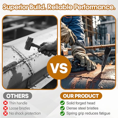 Chipping Hammer and Wire Brush Set ? 10.6 in Heavy Duty Welding Hammer with Spring Handle and Steel Bristle Brush, Welding Tools and Accessories for Weld Slag Removal