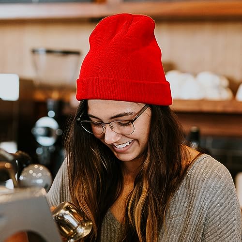 Cuffed Knit Beanie for Men & Women - Winter Skull Cap - Red
