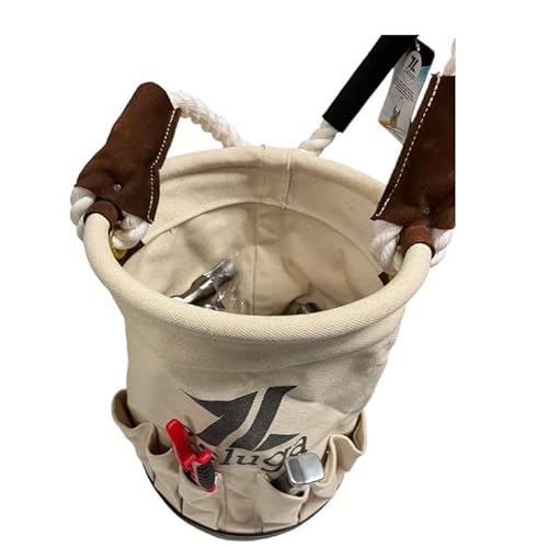 20-385 28 oz. Utility Canvas Bucket with Heavy Duty Plastic Bottom, Collapsible Canvas Bucket, 12 Outside Pockets Organizers Bolt Bucket, White