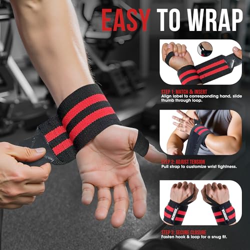 18-Inch Weightlifting Wrist Wraps - Adjustable Support for Powerlifting - Red