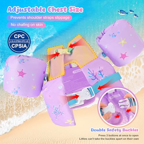NEMONE 22-70 lb Toddler Swim Vest with Detachable Arm Water Wings - Purple Mermaid
