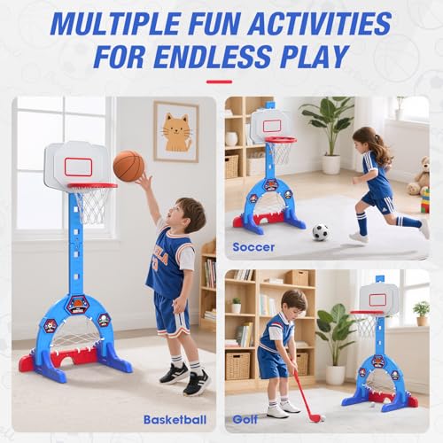 3-in-1 Kids Sports Activity Center with Basketball Hoop, Soccer Goal & Golf Game - Adjustable Height