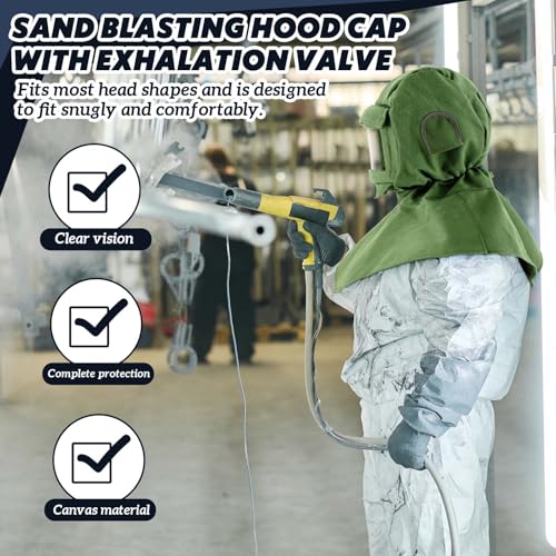 Jecery Sand Blasting Hood Mask with Replacement PC Lens Canvas Shawl Cap for Polishing Painting Dusting Grinding(Green,3 Replacement Lens)