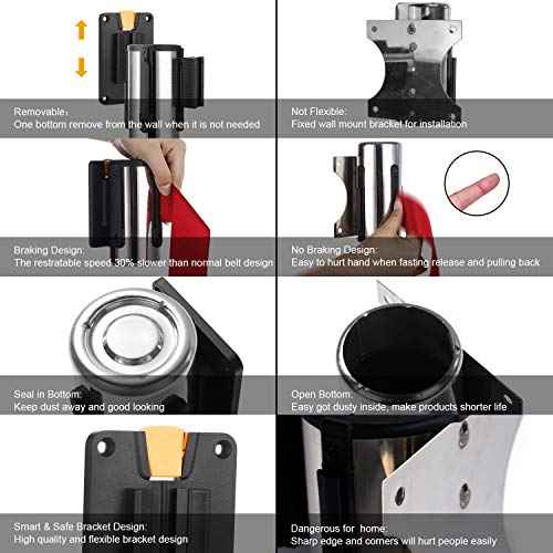 Wall Mounted Retractable Belt Barrier, Stainless Steel Rope Safety barriers with 6.5ft red Belt, Barking System Supported