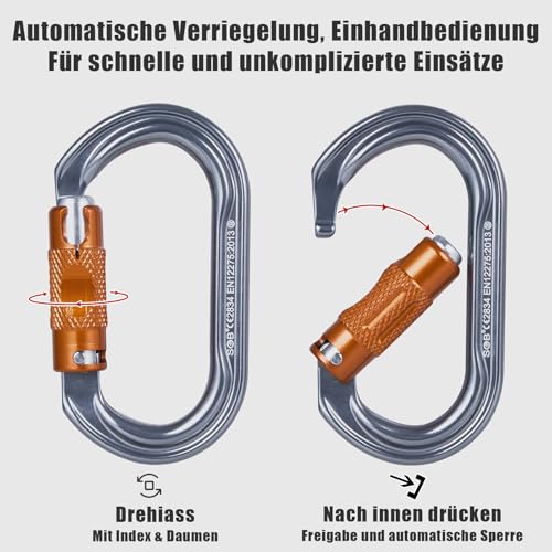 2pcs Heavy Duty Carabiner Clips 27KN Auto Locking Climbing Hooks, Industrial Strength Aluminum
