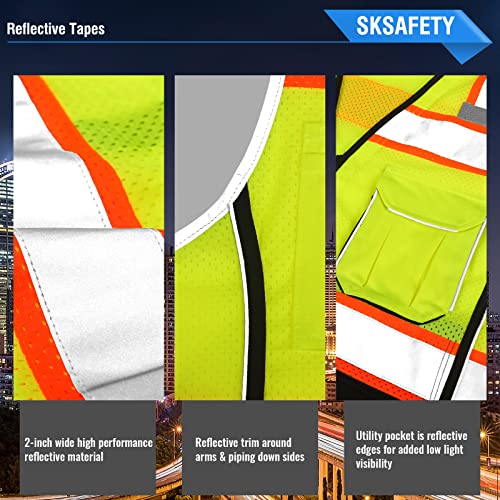 SKSAFETY 10 Pockets Hi Vis Safety Vest with Reflective Strips, ANSI/ISEA Standard, Class 2 High Vis Security Vest (Lime Black, M)