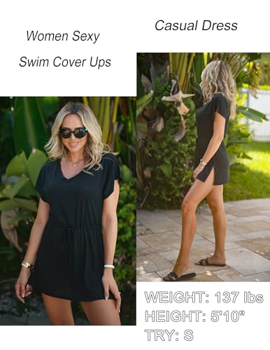 Women's V-Neck Swimwear Cover Up Dress with Drawstring - Black, XX-Large